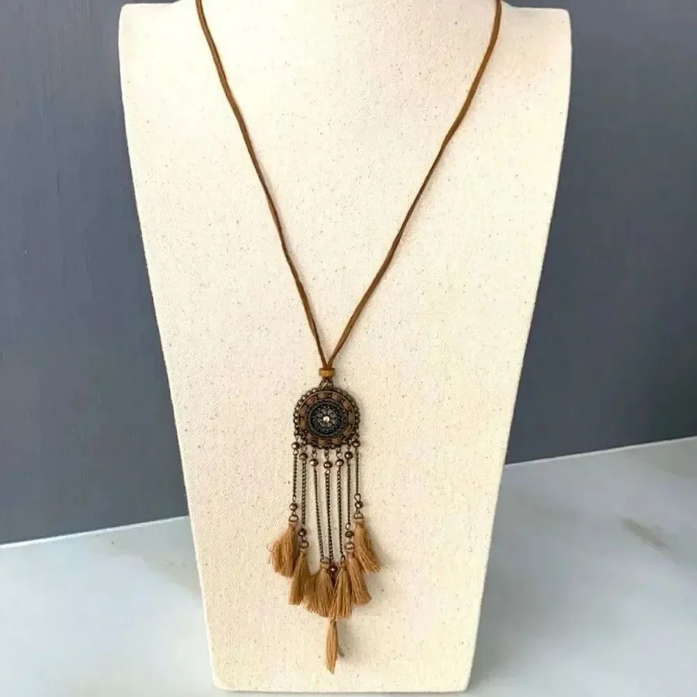 Bronze Tone Radial Medallion Tassel Necklace Long Drop